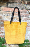 Large TOTE leather bag in MUSTARD yellow. Soft suede, genuine leather bag. Yellow suede bag. Laptop bag in suede. Large cross body bag