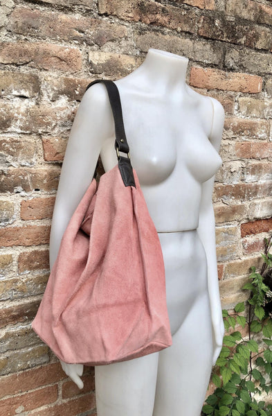 Salmon PINK slouch leather bag, brown leather wide strap. Light pink hobo bag. Soft genuine suede leather shopper. Pink suede purse,