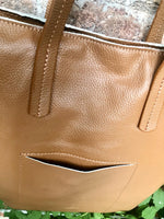 CAMEL BROWN leather bag with zipper. Genuine leather shopper bag. Large TAN brown shoulder bag for your laptop, books. Soft leather shopper
