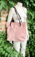 Dusty pink shoulder bag. Genuine suede leather. Pink suede purse with brown leather straps. Light pink suede bag.