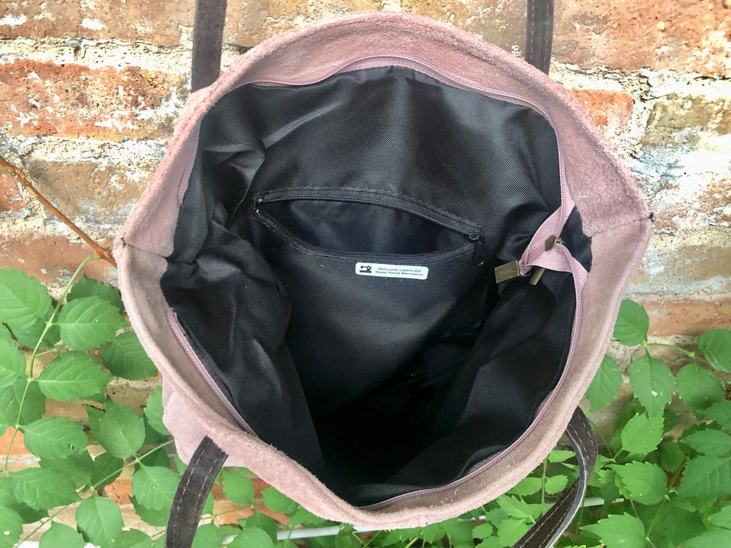 Dusty pink shoulder bag. Genuine suede leather. Pink suede purse with brown leather straps. Light pink suede bag.