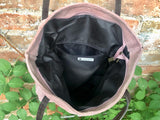 Dusty pink shoulder bag. Genuine suede leather. Pink suede purse with brown leather straps. Light pink suede bag.