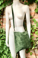 Cross body bag. Suede leather bag in dark moss GREEN. Messenger bag in soft genuine suede leather. GREEN crossbody bag for books, tablets.