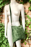 Cross body bag. Suede leather bag in dark moss GREEN. Messenger bag in soft genuine suede leather. GREEN crossbody bag for books, tablets.
