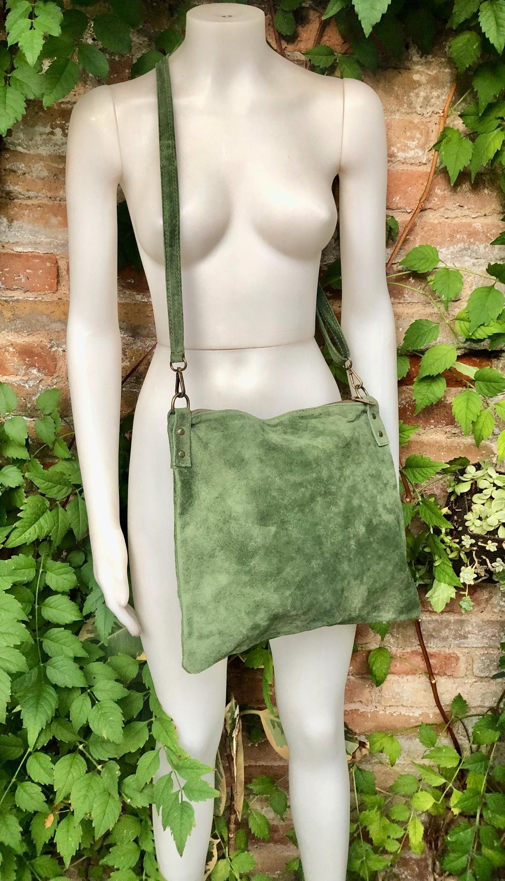 Cross body bag. Suede leather bag in dark moss GREEN. Messenger bag in soft genuine suede leather. GREEN crossbody bag for books, tablets.
