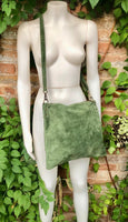 Cross body bag. Suede leather bag in dark moss GREEN. Messenger bag in soft genuine suede leather. GREEN crossbody bag for books, tablets.