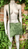 Cross body bag. Suede leather bag in dark moss GREEN. Messenger bag in soft genuine suede leather. GREEN crossbody bag for books, tablets.