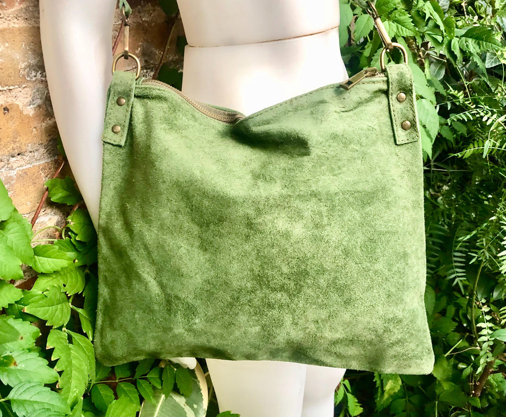 Cross body bag. Suede leather bag in dark moss GREEN. Messenger bag in soft genuine suede leather. GREEN crossbody bag for books, tablets.