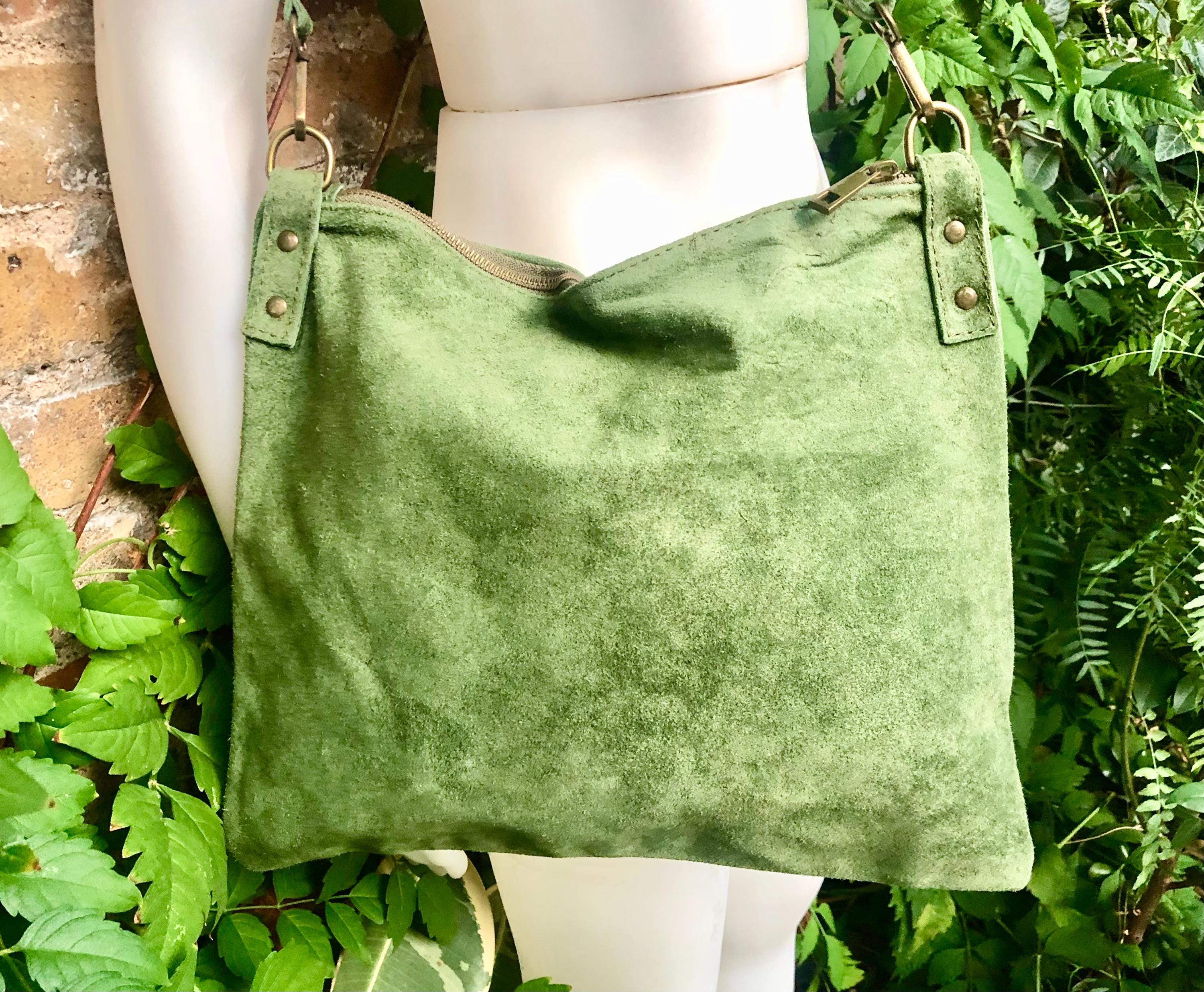 Cross body bag. Suede leather bag in dark moss GREEN. Messenger bag in soft genuine suede leather. GREEN crossbody bag for books, tablets.