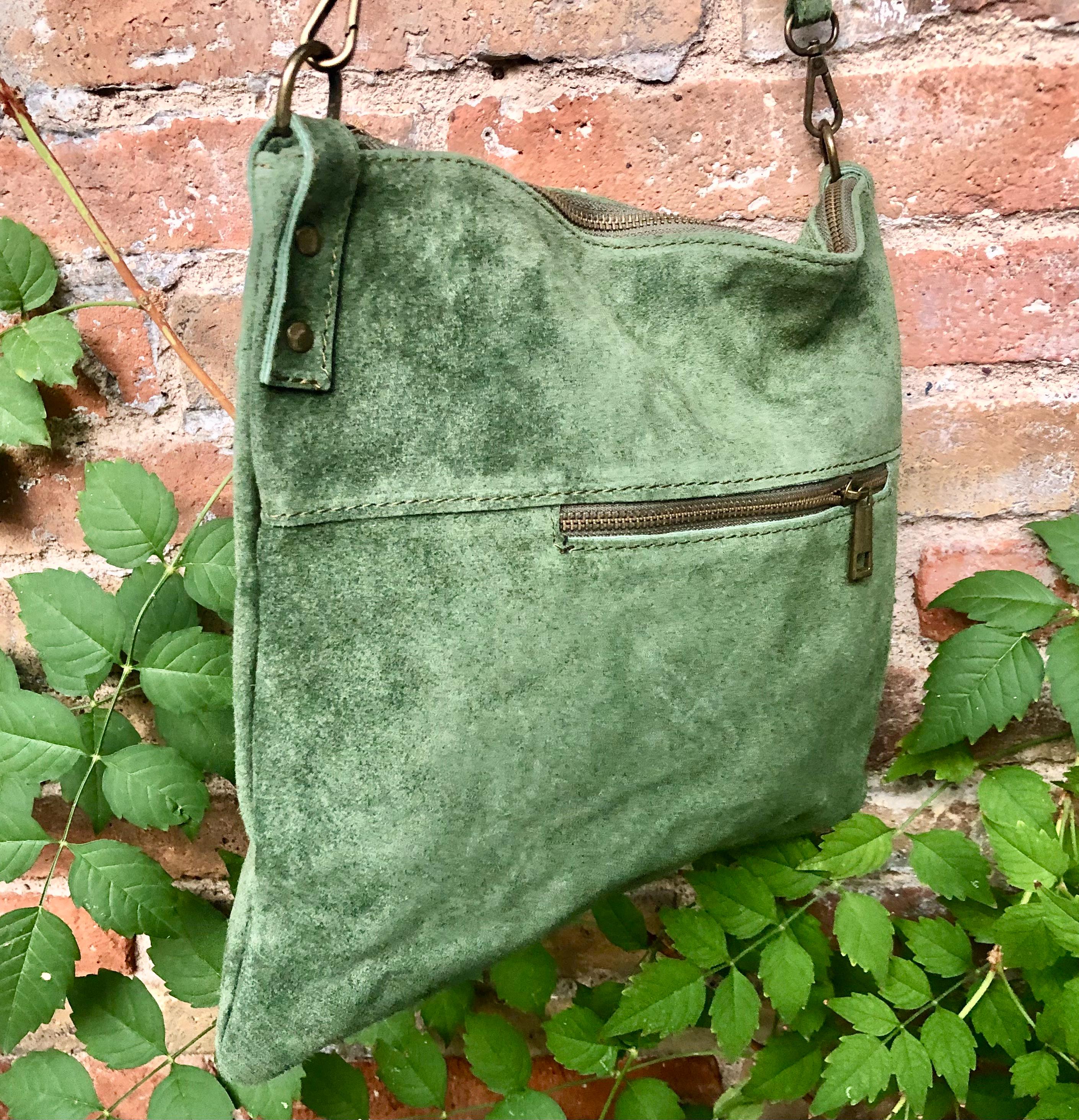 Cross body bag. Suede leather bag in dark moss GREEN. Messenger bag in soft genuine suede leather. GREEN crossbody bag for books, tablets.