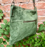 Cross body bag. Suede leather bag in dark moss GREEN. Messenger bag in soft genuine suede leather. GREEN crossbody bag for books, tablets.