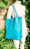 Tote bag in turquoise genuine leather. Blue shopper bag to carry your tablet, laptop or books. Large shopper bag in light blue. Blue purse.