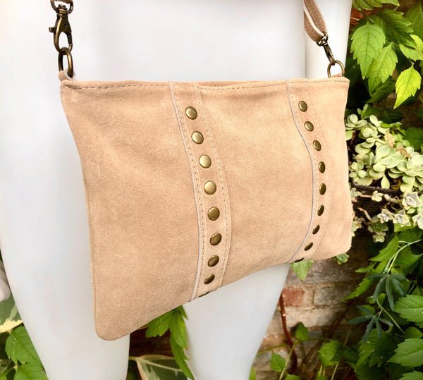 Crossbody bag. Camel beige boho suede leather purse with bronze color tacks Genuine suede leather messenger bag. Tan beige crossbody bag