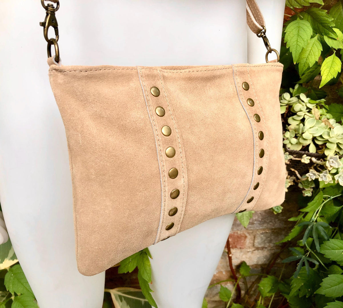 Crossbody bag. Camel beige boho suede leather purse with bronze color tacks Genuine suede leather messenger bag. Tan beige crossbody bag