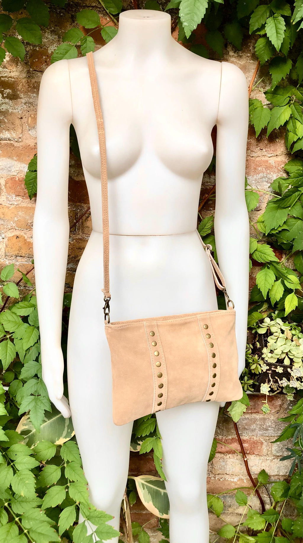 Crossbody bag. Camel beige boho suede leather purse with bronze color tacks Genuine suede leather messenger bag. Tan beige crossbody bag