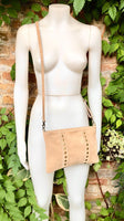 Crossbody bag. Camel beige boho suede leather purse with bronze color tacks Genuine suede leather messenger bag. Tan beige crossbody bag