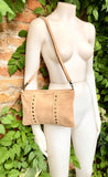 Crossbody bag. Camel beige boho suede leather purse with bronze color tacks Genuine suede leather messenger bag. Tan beige crossbody bag