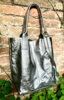 Shoulder leather bag in SILVER. GENUINE leather shopper bag. Large carry all bag for your laptop, books. Metallic SILVER leather purse