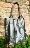 Shoulder leather bag in SILVER. GENUINE leather shopper bag. Large carry all bag for your laptop, books. Metallic SILVER leather purse
