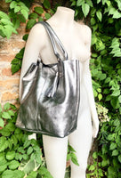 Shoulder leather bag in SILVER. Genuine leather shopper bag. Large carry all bag for your laptop, books. LINED metallic SILVER leather purse