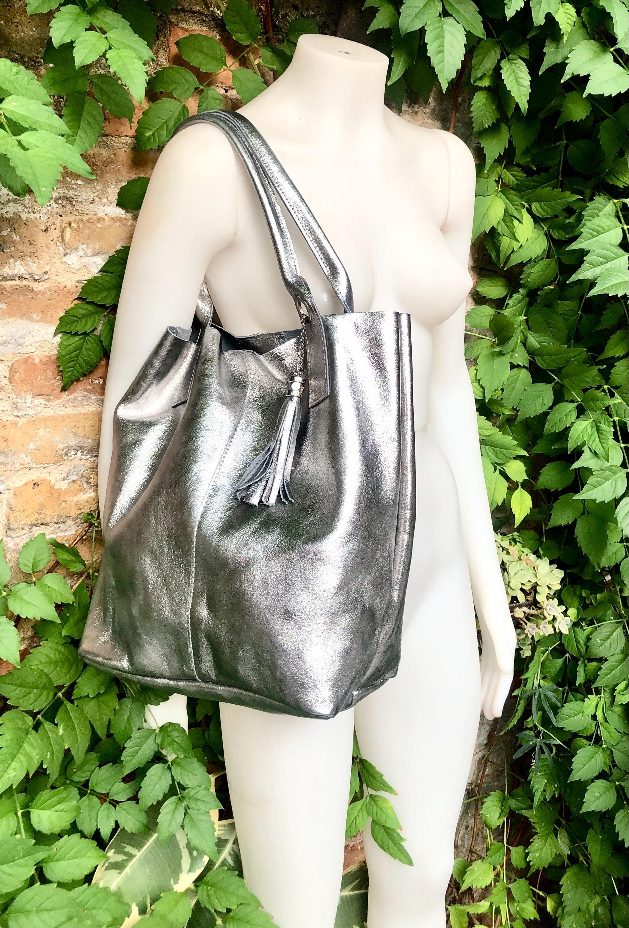 Shoulder leather bag in SILVER. Genuine leather shopper bag. Large carry all bag for your laptop, books. LINED metallic SILVER leather purse