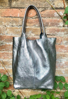 Shoulder leather bag in SILVER. GENUINE leather shopper bag. Large carry all bag for your laptop, books. Metallic SILVER leather purse