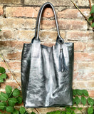Shoulder leather bag in SILVER. GENUINE leather shopper bag. Large carry all bag for your laptop, books. Metallic SILVER leather purse