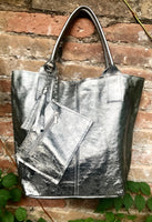 Shoulder leather bag in SILVER. Genuine leather shopper bag. Large carry all bag for your laptop, books. LINED metallic SILVER leather purse
