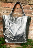 Shoulder leather bag in SILVER. Genuine leather shopper bag. Large carry all bag for your laptop, books. LINED metallic SILVER leather purse