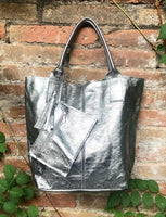 Shoulder leather bag in SILVER. Genuine leather shopper bag. Large carry all bag for your laptop, books. LINED metallic SILVER leather purse