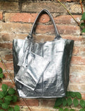 Shoulder leather bag in SILVER. Genuine leather shopper bag. Large carry all bag for your laptop, books. LINED metallic SILVER leather purse