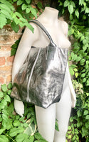 Shoulder leather bag in SILVER. Genuine leather shopper bag. Large carry all bag for your laptop, books. LINED metallic SILVER leather purse