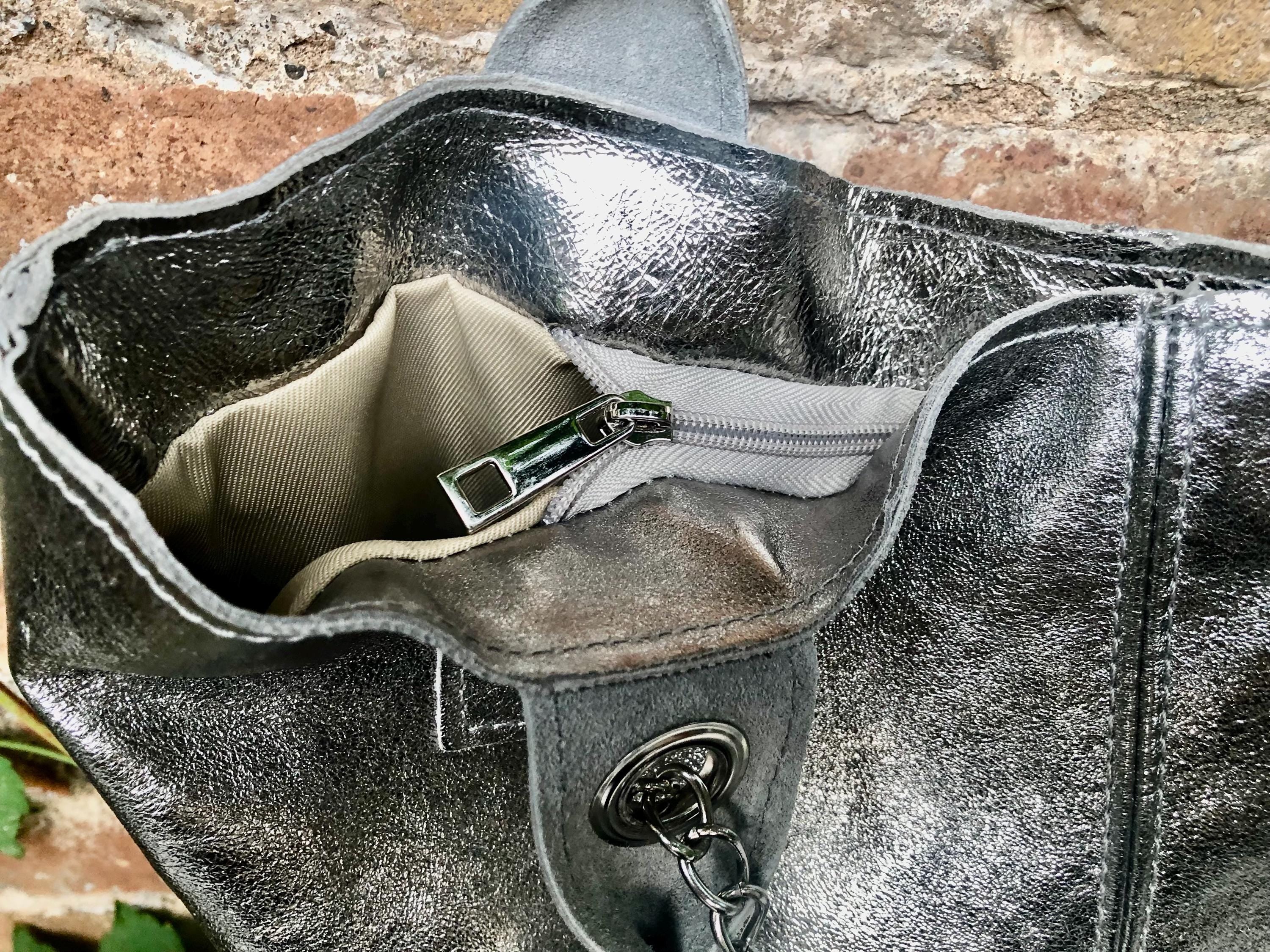 Shoulder leather bag in SILVER. Genuine leather shopper bag. Large carry all bag for your laptop, books. LINED metallic SILVER leather purse