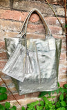 GOLD color shoulder leather bag. GENUINE leather shopper bag. Large LINED carry all bag for your laptop, books. Metallic gold leather purse