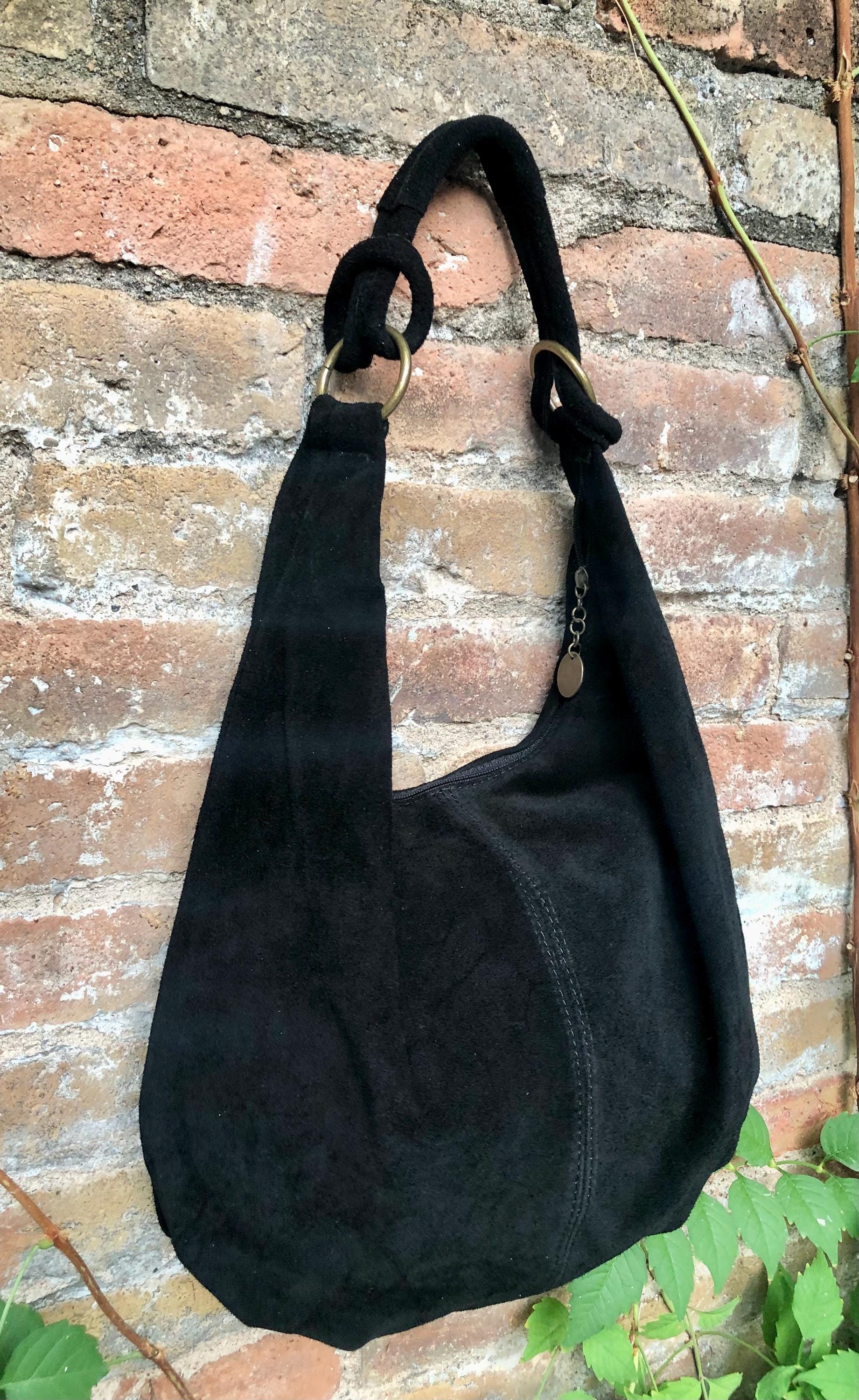 BLACK suede slouchy bag with ZIPPER + lining. Soft natural suede shopper, genuine leather bag. BLACK suede purse . Hobo black suede purse.