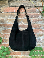 BLACK suede slouchy bag with ZIPPER + lining. Soft natural suede shopper, genuine leather bag. BLACK suede purse . Hobo black suede purse.
