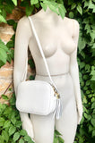 Small leather bag in white. Crossbody / shoulder bag in white GENUINE leather. Adjustable strap, zipper. White leather purse with tassel.