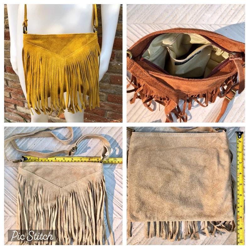 Cross body bag. BOHO suede leather bag in DARK GREEN with fringes. Messenger bag in soft genuine suede leather. Crossbody hippy bag