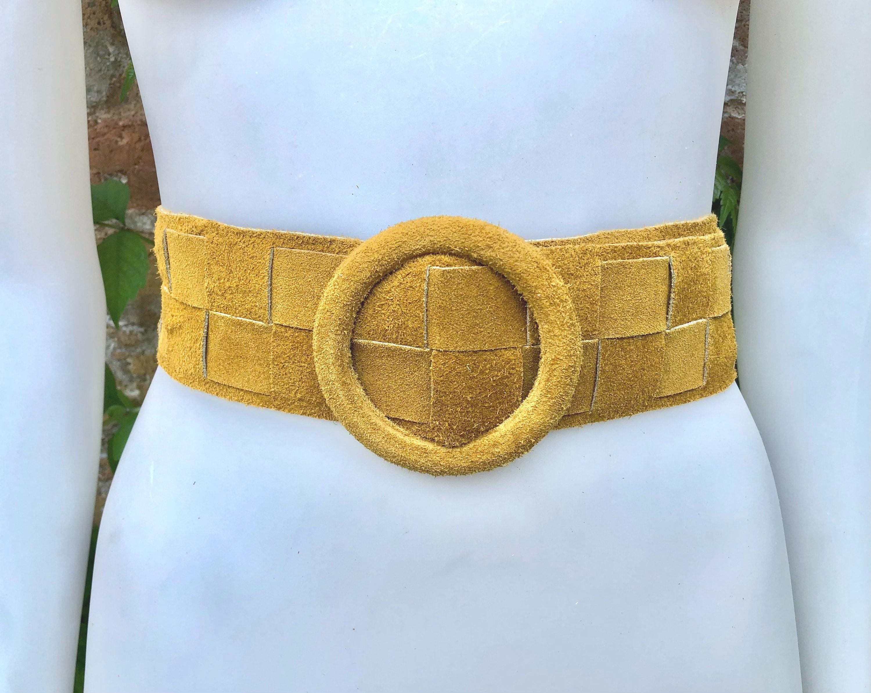 Mustard yellow suede waist belt with large round buckle. Boho soft suede wide belt.Genuine natural yellow suede leather. Yellow dress belt