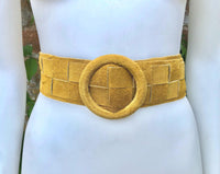 Mustard yellow suede waist belt with large round buckle. Boho soft suede wide belt.Genuine natural yellow suede leather. Yellow dress belt