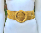 Mustard yellow suede waist belt with large round buckle. Boho soft suede wide belt.Genuine natural yellow suede leather. Yellow dress belt