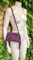 Small purple crossbody fringed bag. BOHO suede leather bag with FRINGES. Lilac genuine suede leather. Mauve suede purse. Medium purple suede