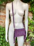 Small purple crossbody fringed bag. BOHO suede leather bag with FRINGES. Lilac genuine suede leather. Mauve suede purse. Medium purple suede