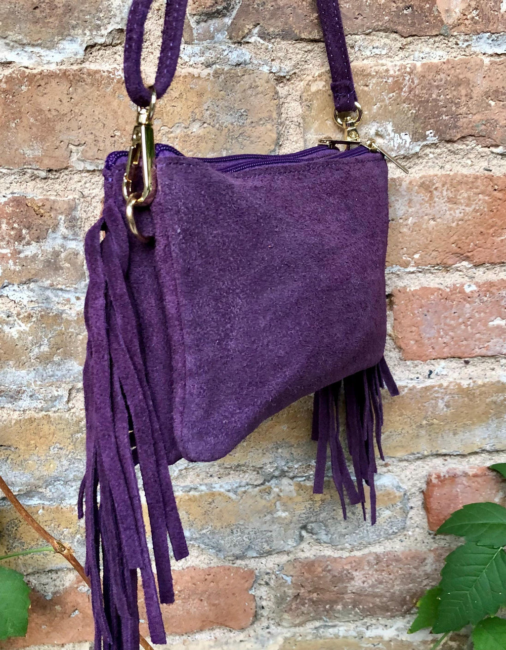 Small purple crossbody fringed bag. BOHO suede leather bag with FRINGES. Lilac genuine suede leather. Mauve suede purse. Medium purple suede