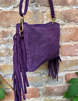 Small purple crossbody fringed bag. BOHO suede leather bag with FRINGES. Lilac genuine suede leather. Mauve suede purse. Medium purple suede