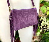 Small purple crossbody fringed bag. BOHO suede leather bag with FRINGES. Lilac genuine suede leather. Mauve suede purse. Medium purple suede