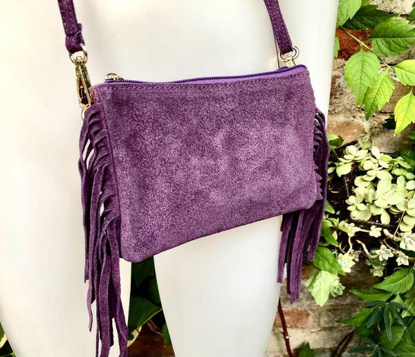 Small purple crossbody fringed bag. BOHO suede leather bag with FRINGES. Lilac genuine suede leather. Mauve suede purse. Medium purple suede