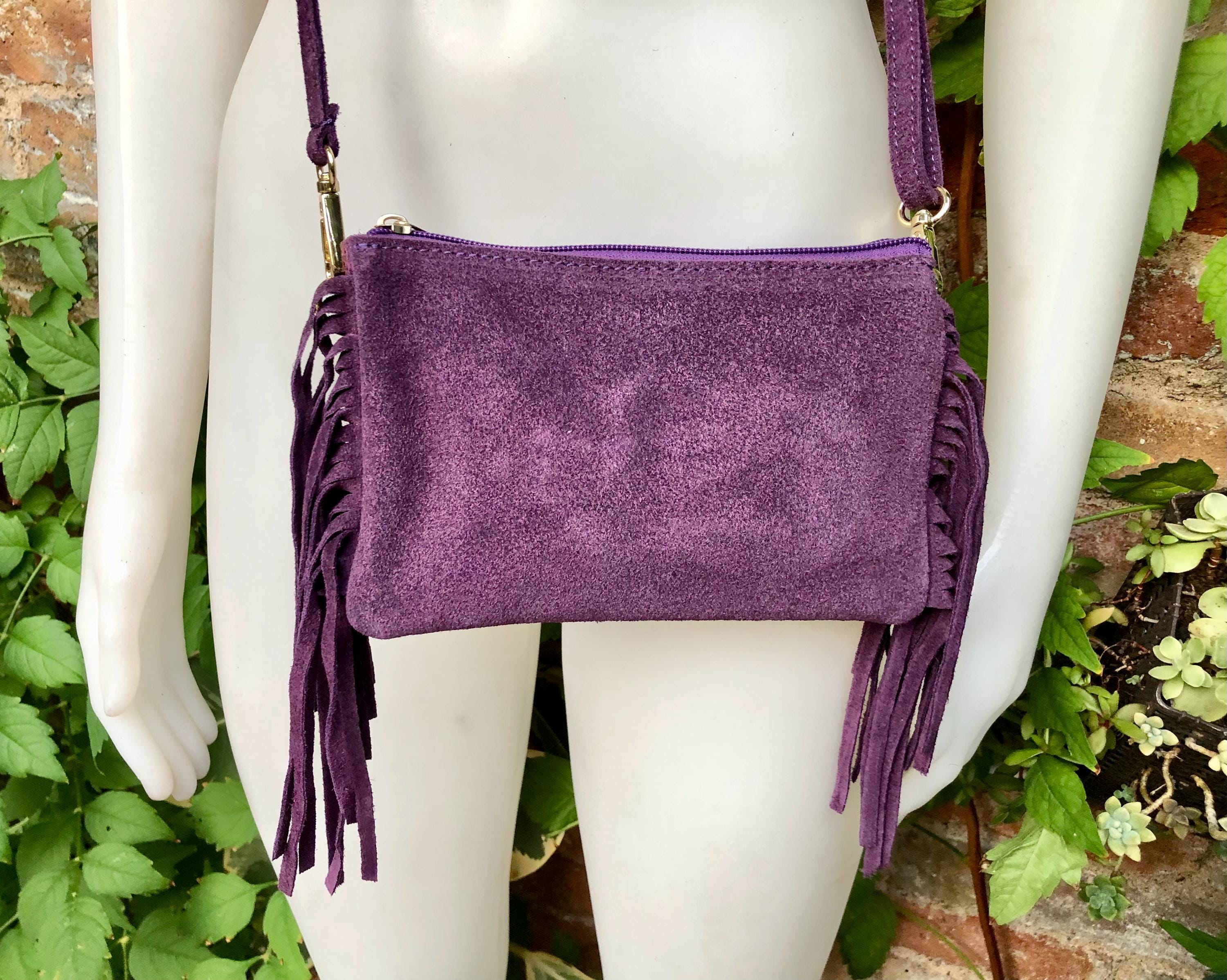 Small purple crossbody fringed bag. BOHO suede leather bag with FRINGES. Lilac genuine suede leather. Mauve suede purse. Medium purple suede