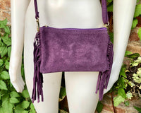 Small purple crossbody fringed bag. BOHO suede leather bag with FRINGES. Lilac genuine suede leather. Mauve suede purse. Medium purple suede