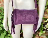 Small purple crossbody fringed bag. BOHO suede leather bag with FRINGES. Lilac genuine suede leather. Mauve suede purse. Medium purple suede